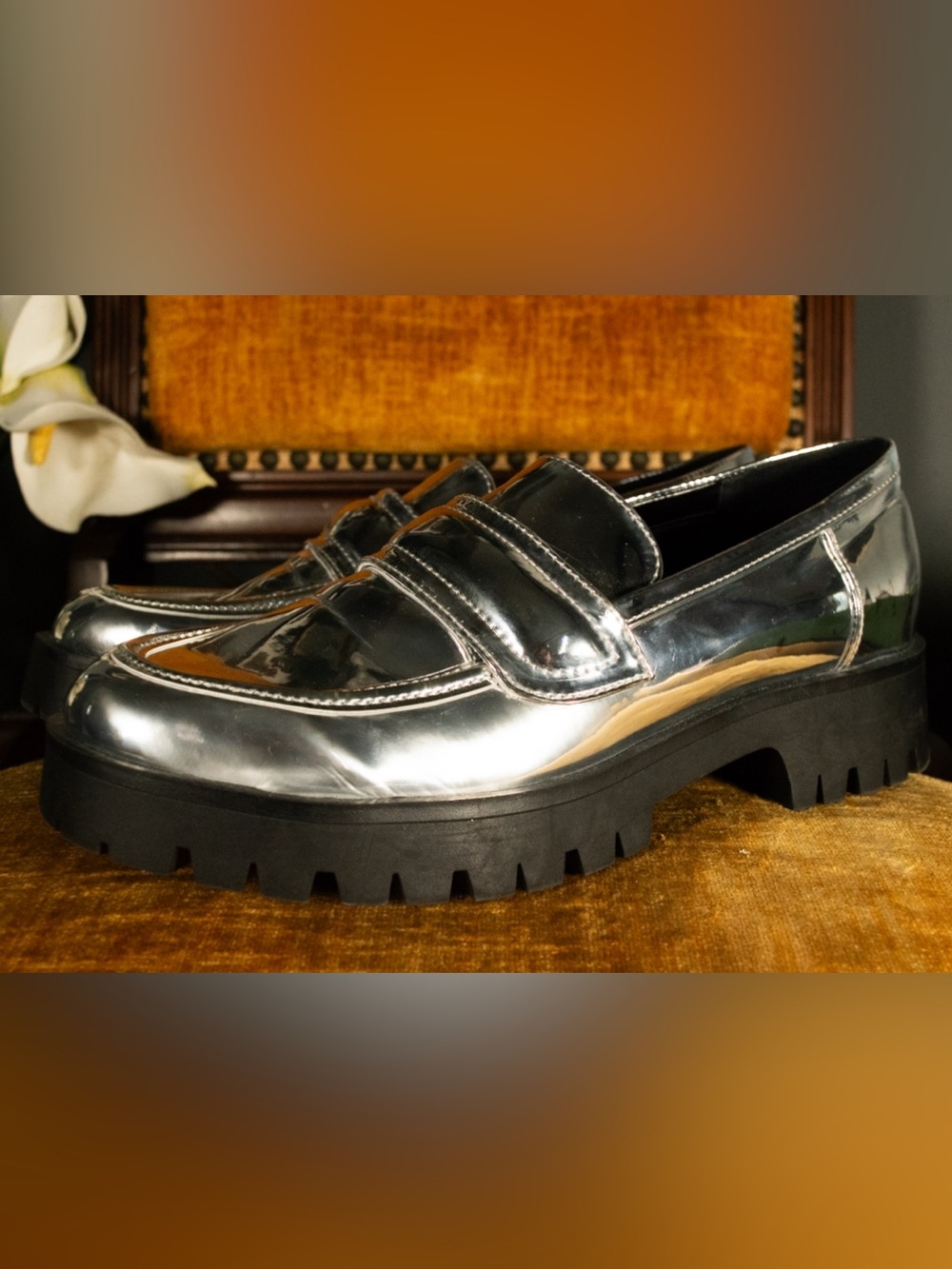 SIZE 10 Nine West Metallic Silver Penny Loafers